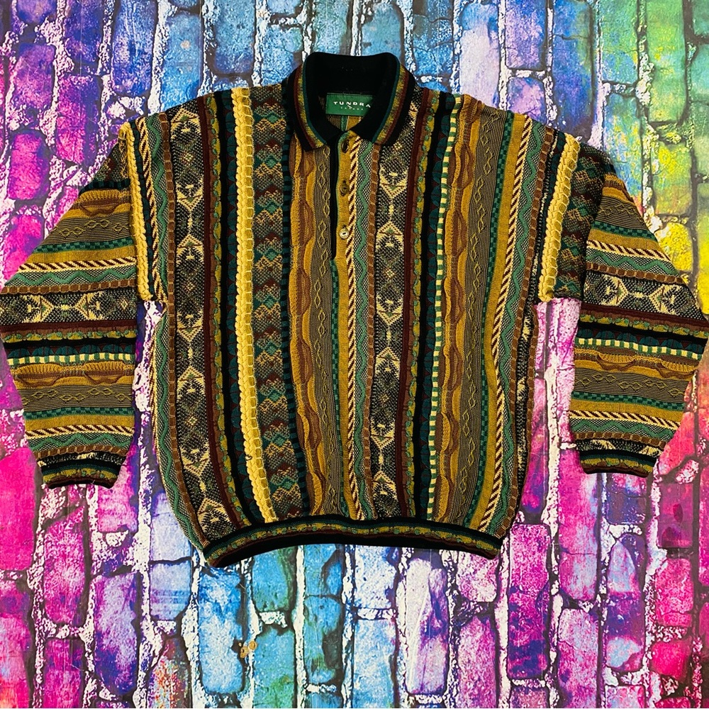 Vintage Tundra collared Coogi style 3D knitted sweater size M - Picture 2 of 7